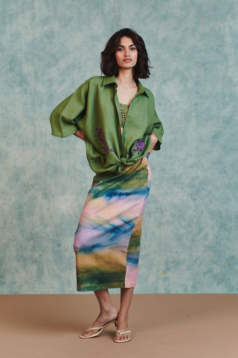 Moss Linen Applique Breeze Shirt 100% pure linen top/shirt by Saphed in moss green for women in Singapore