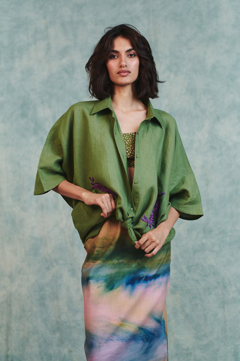 Moss Linen Applique Breeze Shirt 100% pure linen top/shirt by Saphed in moss green for women in Singapore