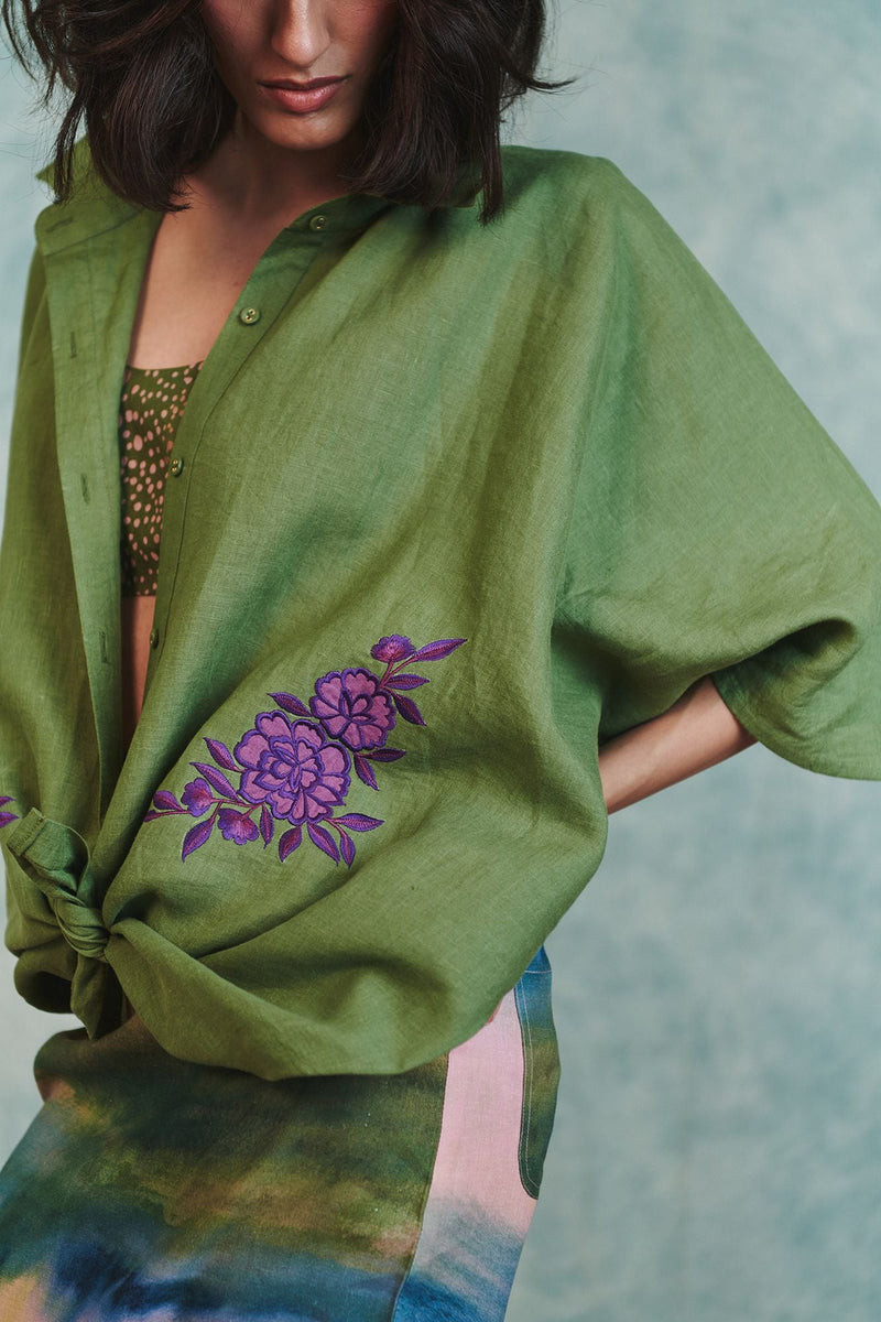 Moss Linen Applique Breeze Shirt 100% pure linen top/shirt by Saphed in moss green for women in Singapore