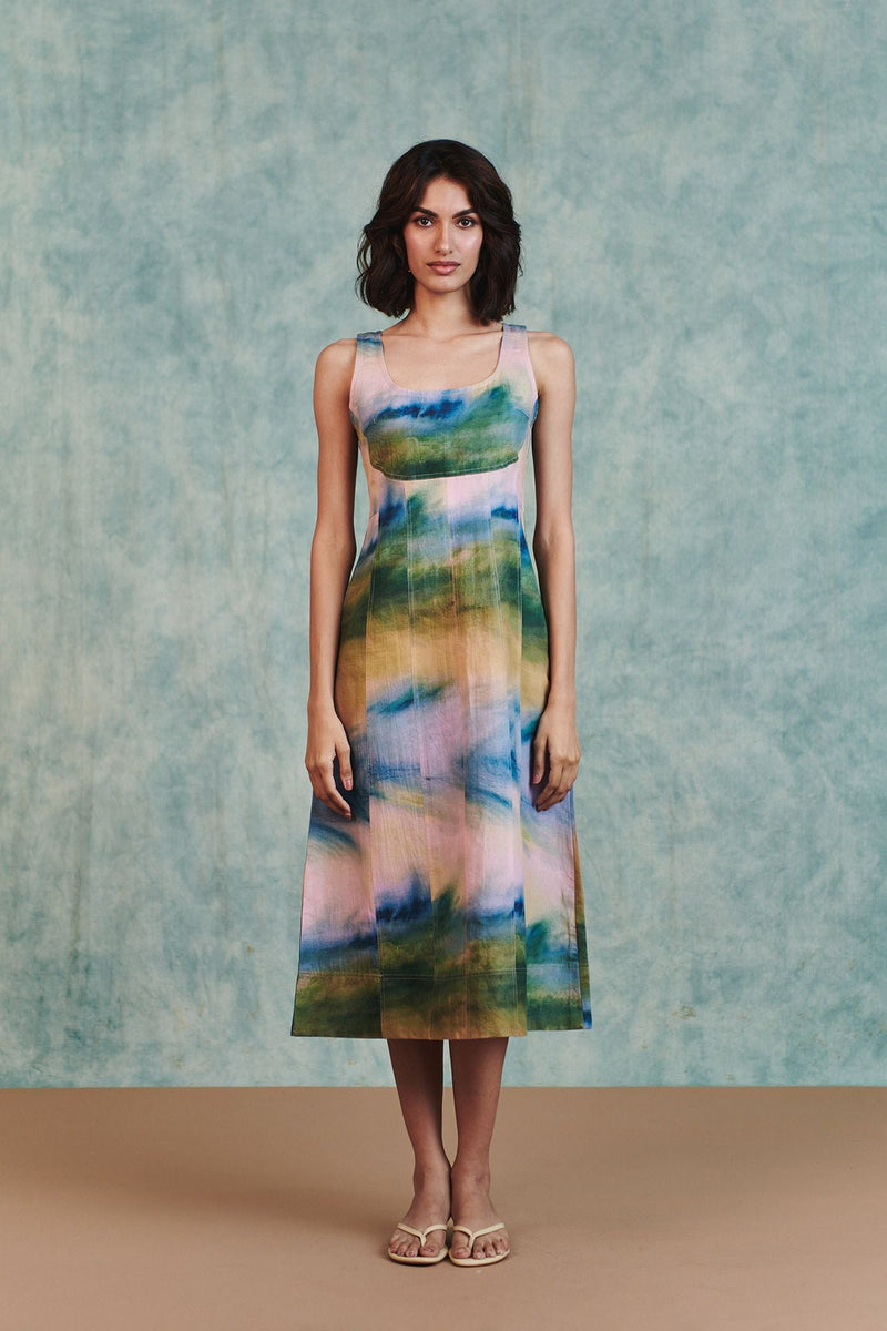 Prism Co Linen Panelled Dress cotton linen dress by Saphed in ombre for women in Singapore