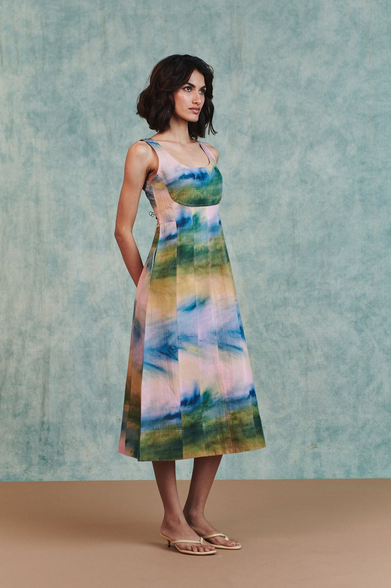 Prism Co Linen Panelled Dress cotton linen dress by Saphed in ombre for women in Singapore