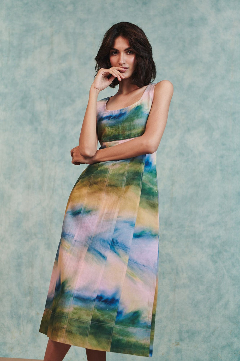 Prism Co Linen Panelled Dress cotton linen dress by Saphed in ombre for women in Singapore