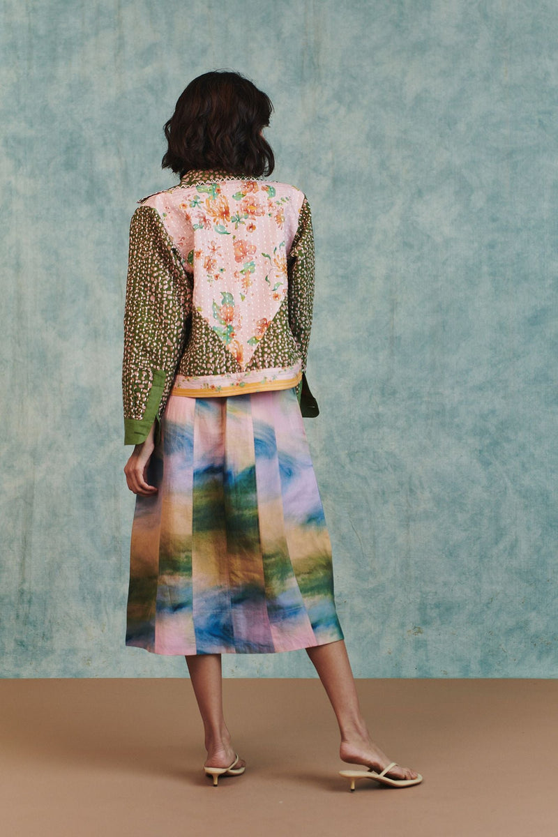 Blot Co linen Kantha Bolero Jacket cotton linen jacket/overlay by Saphed in green for women in Singapore