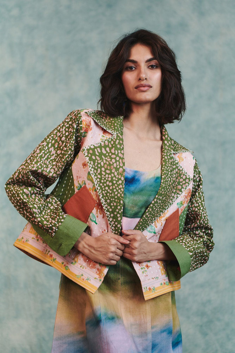 Blot Co linen Kantha Bolero Jacket cotton linen jacket/overlay by Saphed in green for women in Singapore
