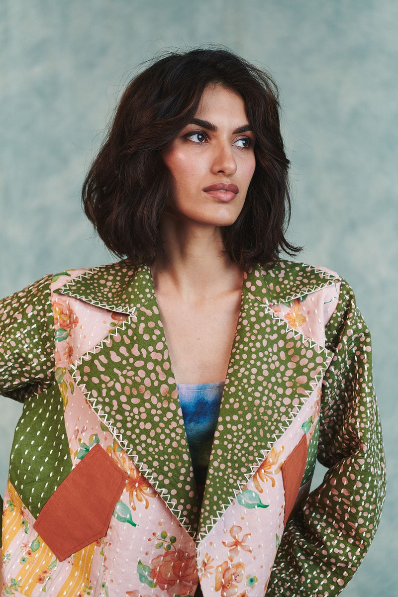 Blot Co linen Kantha Bolero Jacket cotton linen jacket/overlay by Saphed in green for women in Singapore