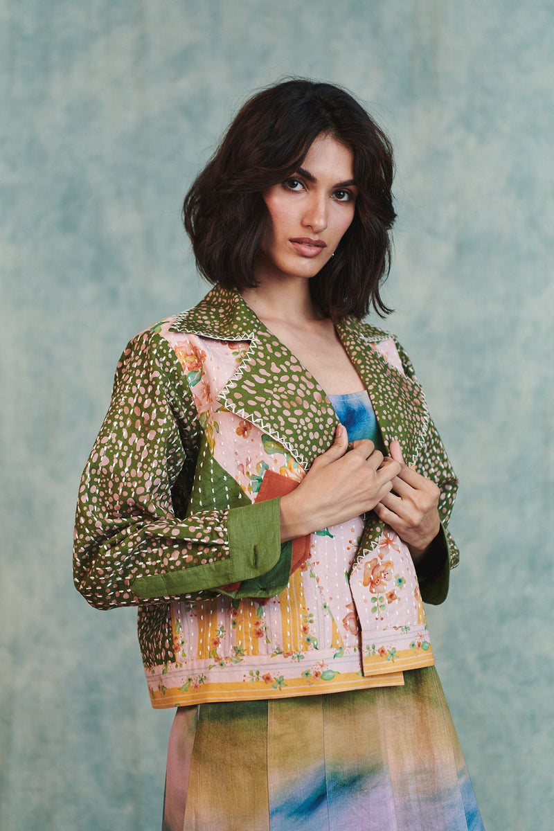 Blot Co linen Kantha Bolero Jacket cotton linen jacket/overlay by Saphed in green for women in Singapore