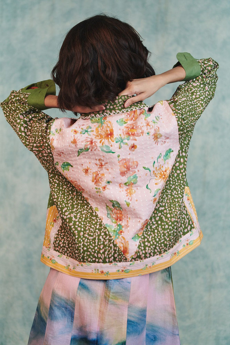 Blot Co linen Kantha Bolero Jacket cotton linen jacket/overlay by Saphed in green for women in Singapore
