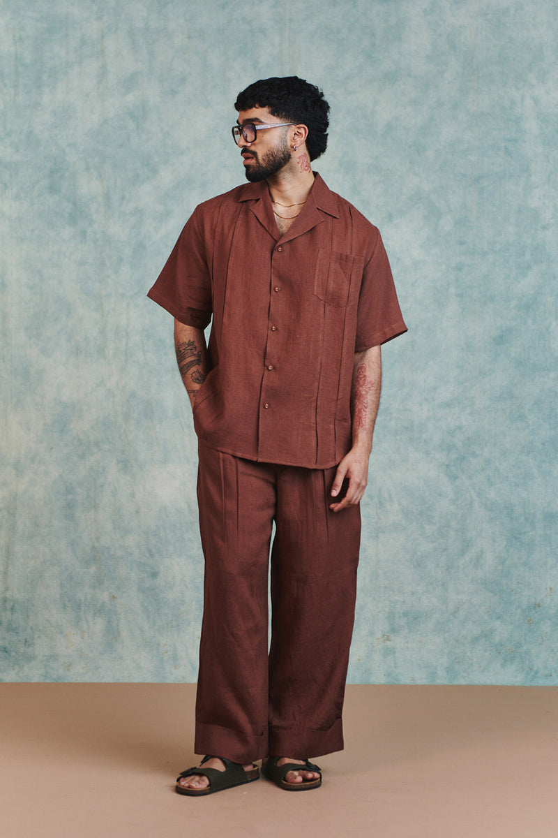 Chocolate Linen Men's Pleated Camp Collar Shirt linen shirt by Saphed Men in brown for men in Singapore