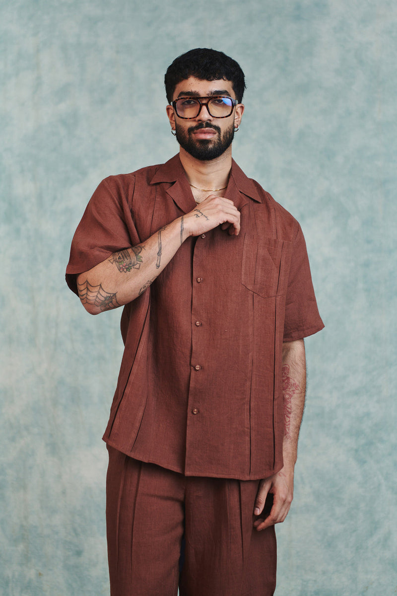 Chocolate Linen Men's Pleated Camp Collar Shirt linen shirt by Saphed Men in brown for men in Singapore