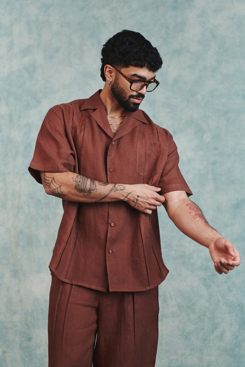 Chocolate Linen Men's Pleated Camp Collar Shirt linen shirt by Saphed Men in brown for men in Singapore