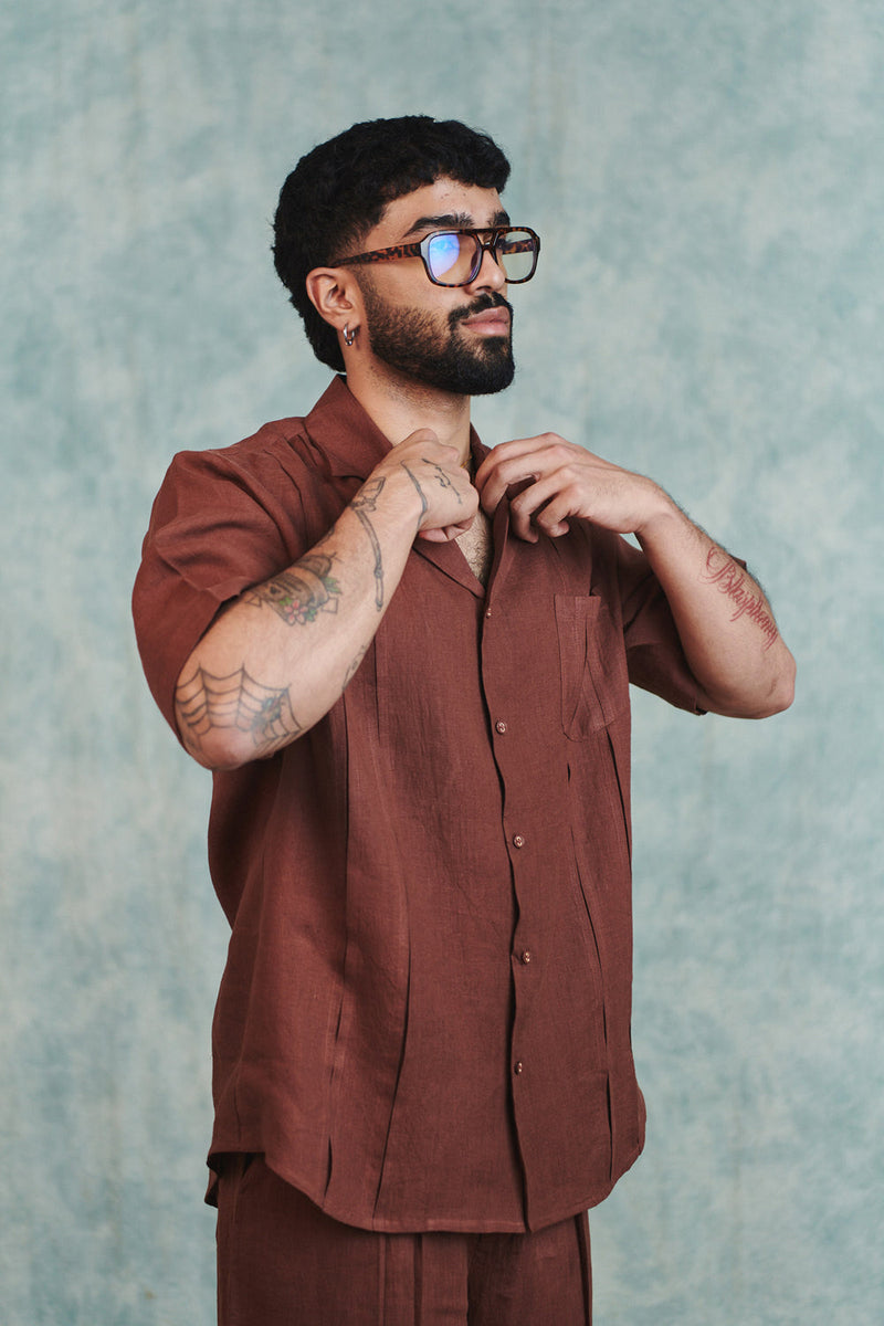 Chocolate Linen Men's Pleated Camp Collar Shirt linen shirt by Saphed Men in brown for men in Singapore