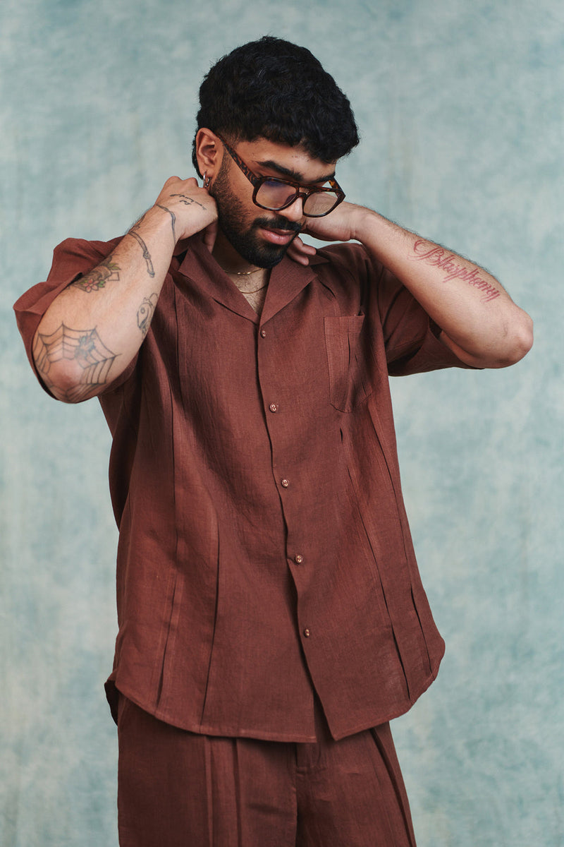 Chocolate Linen Men's Pleated Camp Collar Shirt linen shirt by Saphed Men in brown for men in Singapore