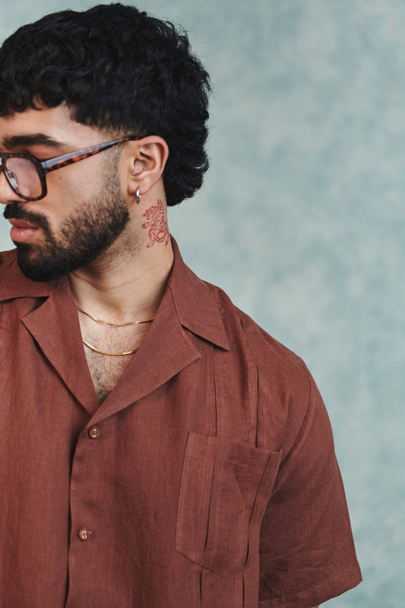 Chocolate Linen Men's Pleated Camp Collar Shirt linen shirt by Saphed Men in brown for men in Singapore