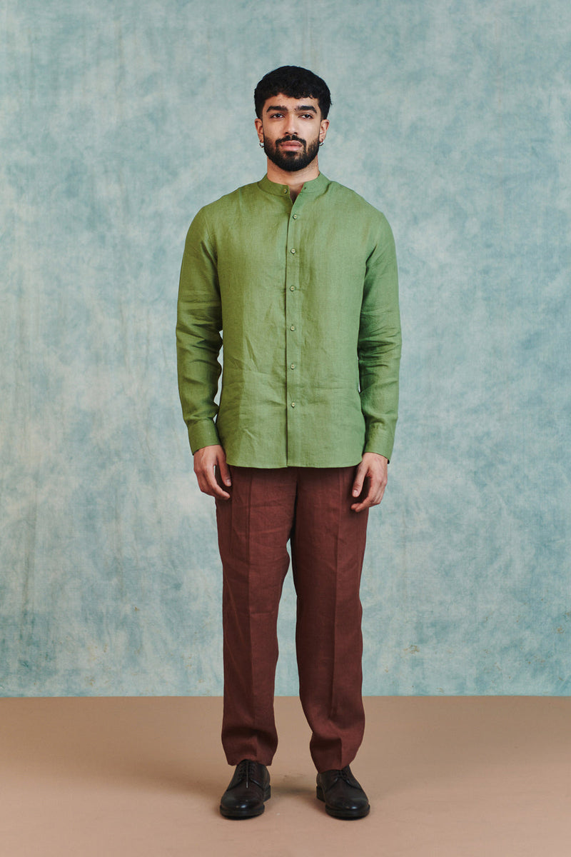 Moss Linen Men's Band Collar Shirt linen shirt by Saphed Men in moss green for men in Singapore
