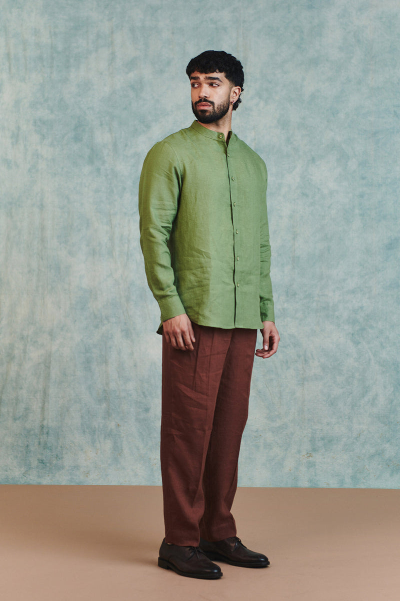 Moss Linen Men's Band Collar Shirt linen shirt by Saphed Men in moss green for men in Singapore