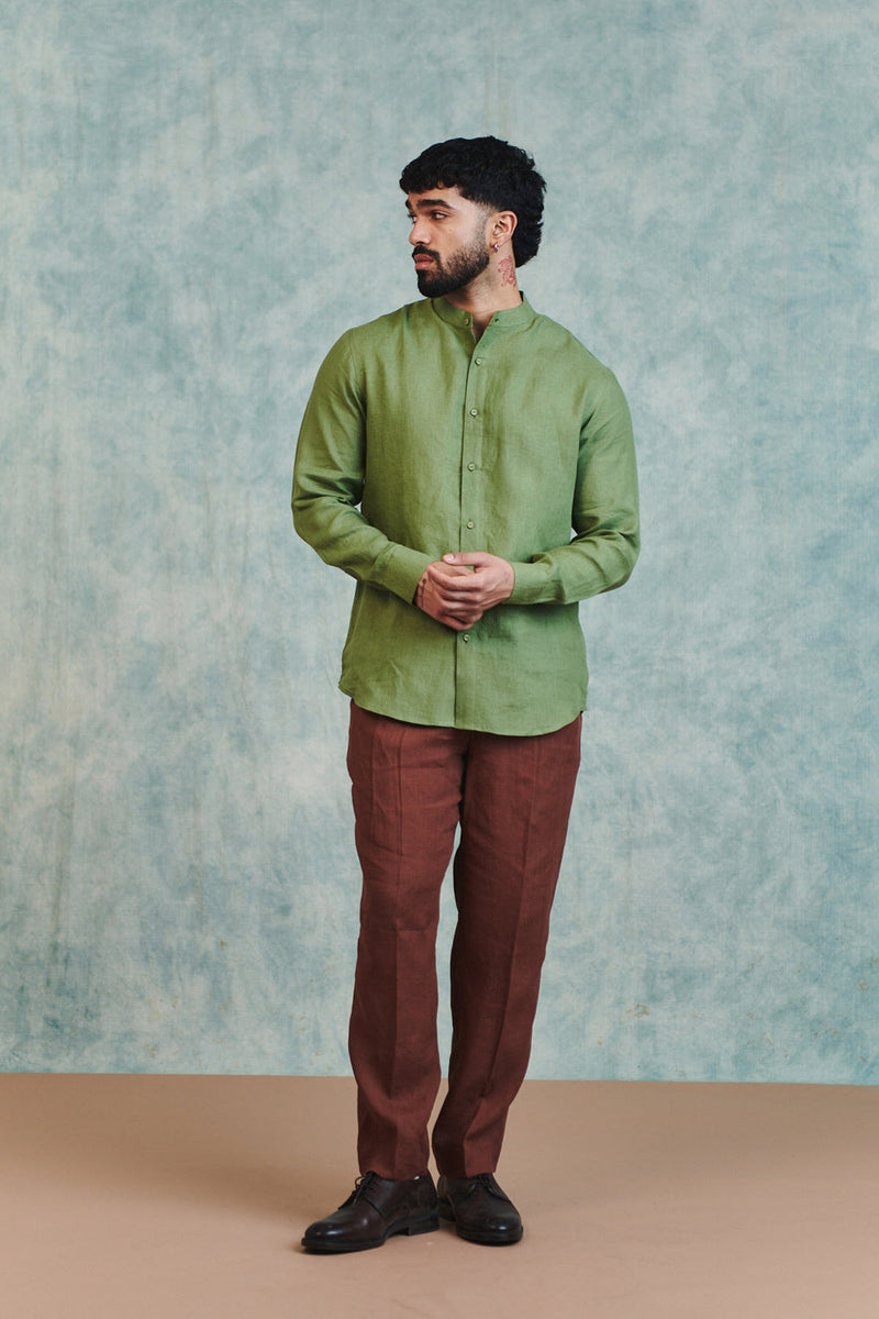 Moss Linen Men's Band Collar Shirt linen shirt by Saphed Men in moss green for men in Singapore