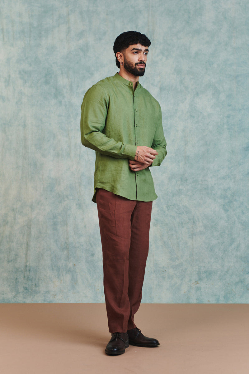 Moss Linen Men's Band Collar Shirt linen shirt by Saphed Men in moss green for men in Singapore