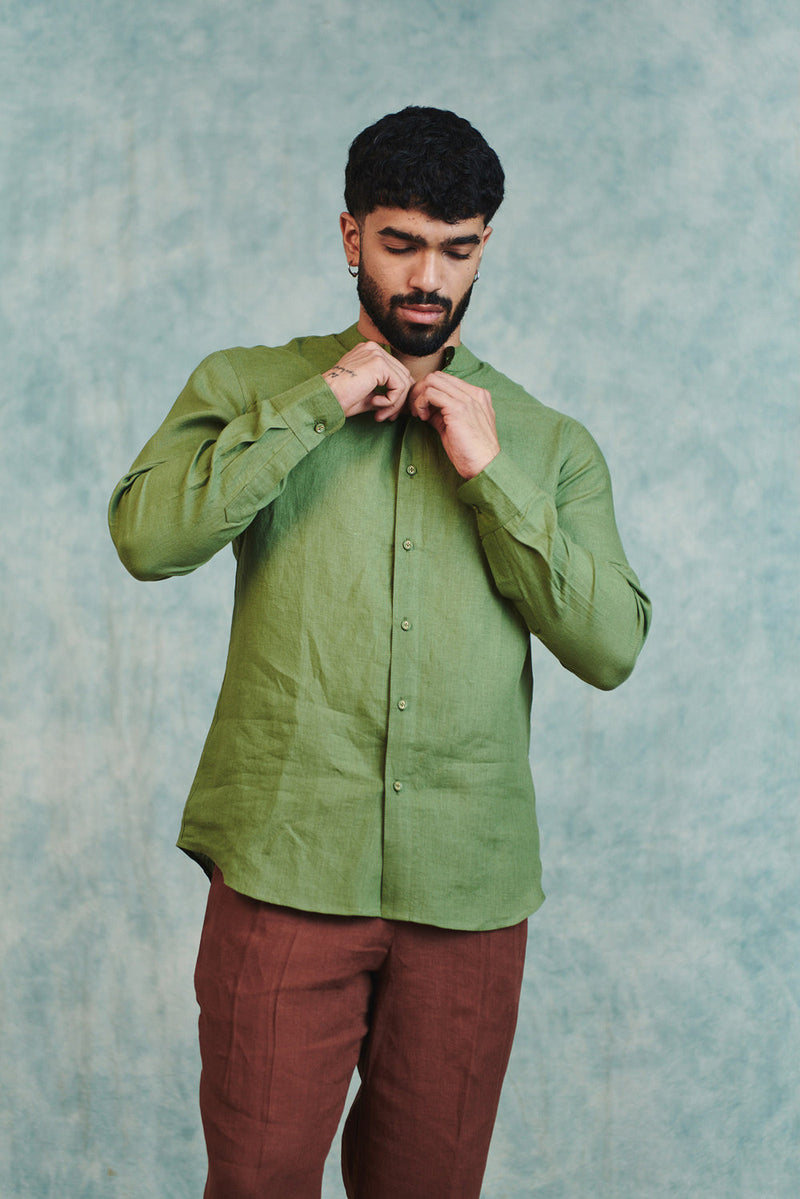 Moss Linen Men's Band Collar Shirt linen shirt by Saphed Men in moss green for men in Singapore