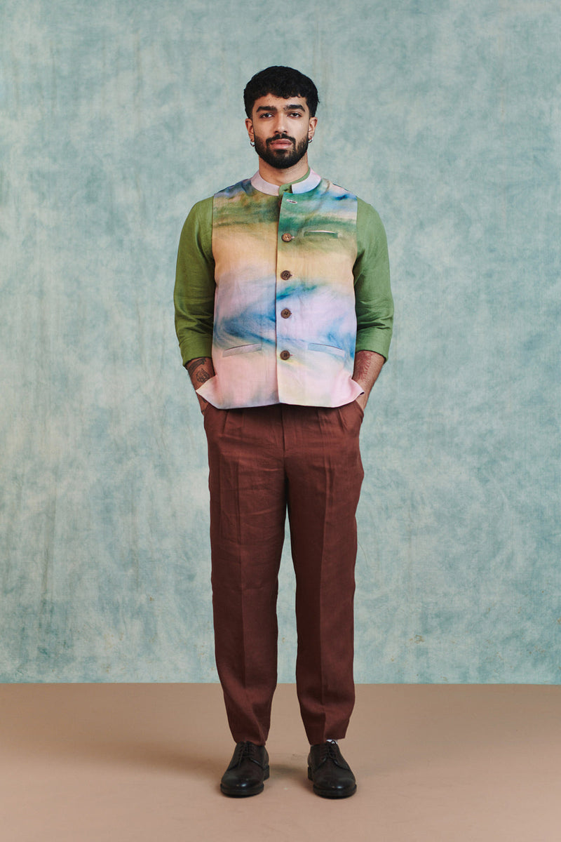 Prism Co-Linen Men's Nehru Jacket cotton linen jacket by Saphed Men in ombre for men in Singapore