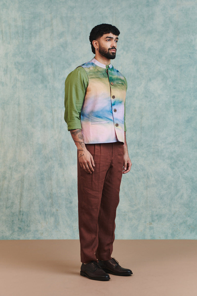 Prism Co-Linen Men's Nehru Jacket cotton linen jacket by Saphed Men in ombre for men in Singapore