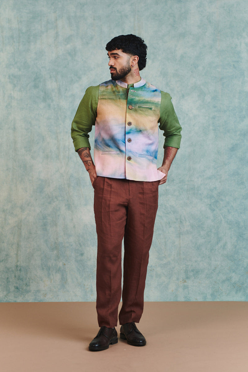 Prism Co-Linen Men's Nehru Jacket cotton linen jacket by Saphed Men in ombre for men in Singapore