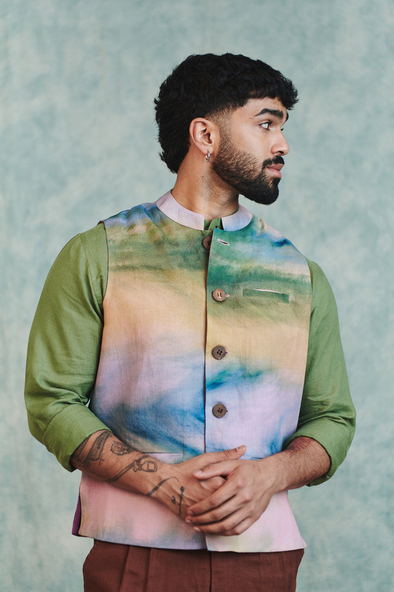 Prism Co-Linen Men's Nehru Jacket cotton linen jacket by Saphed Men in ombre for men in Singapore