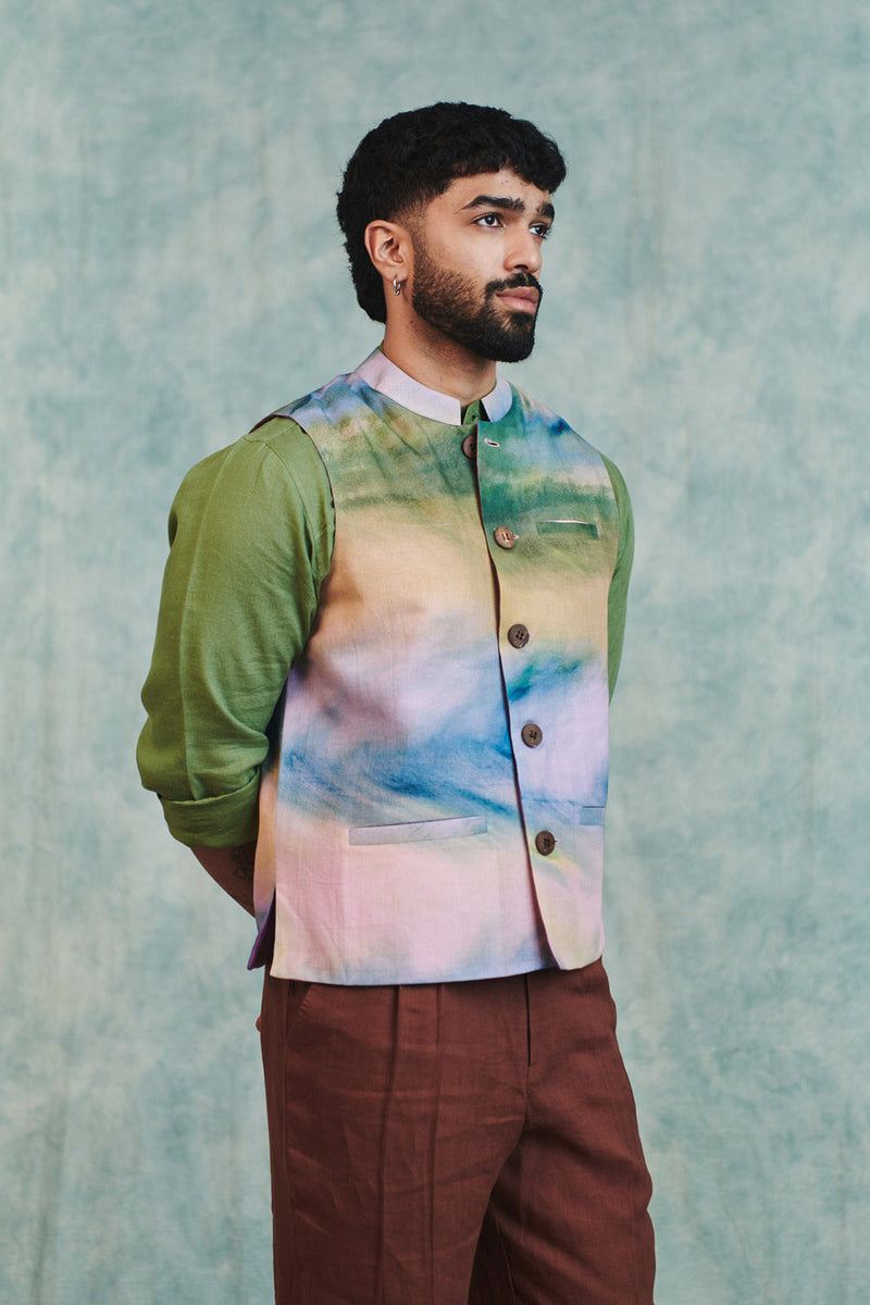 Prism Co-Linen Men's Nehru Jacket cotton linen jacket by Saphed Men in ombre for men in Singapore
