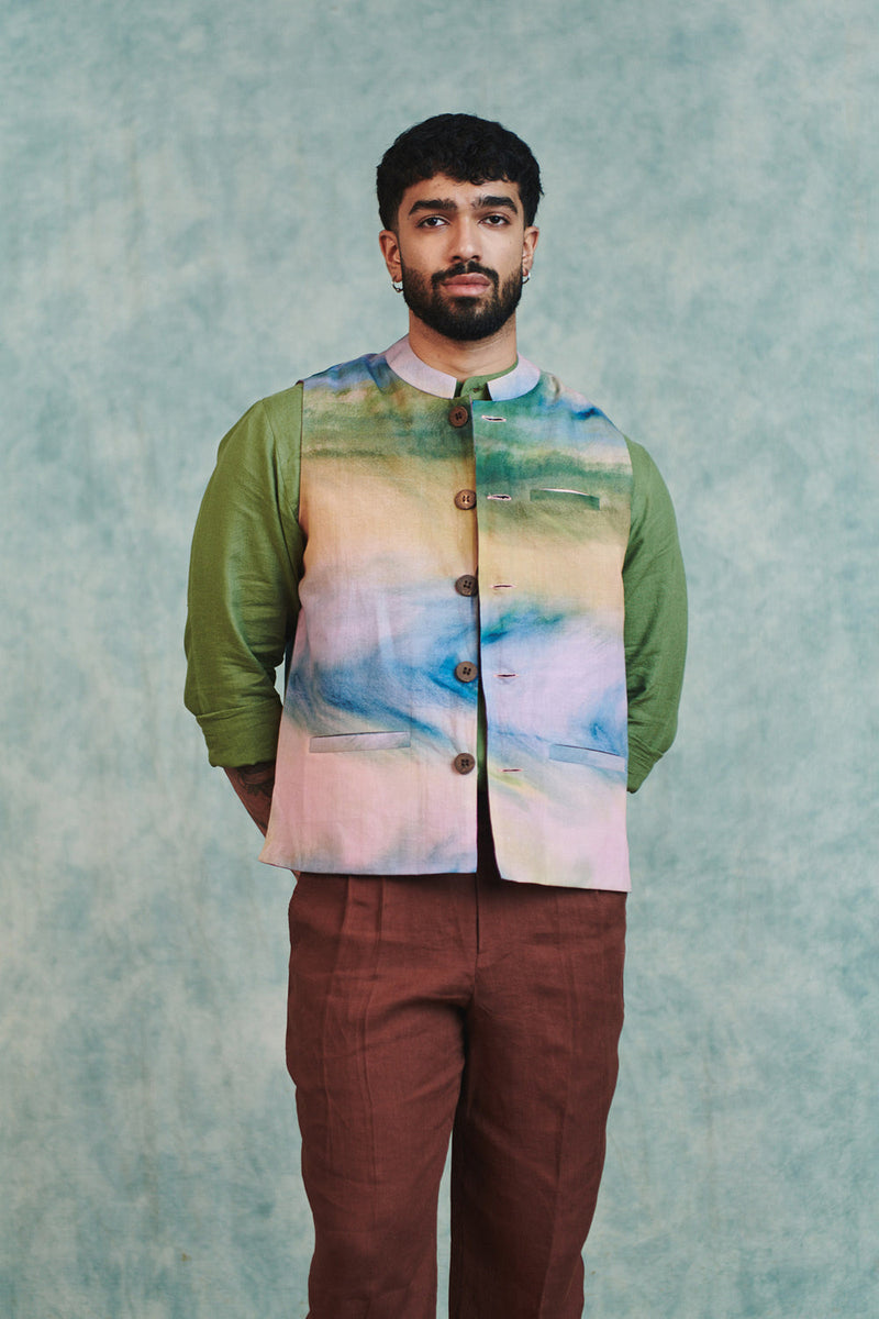 Prism Co-Linen Men's Nehru Jacket cotton linen jacket by Saphed Men in ombre for men in Singapore