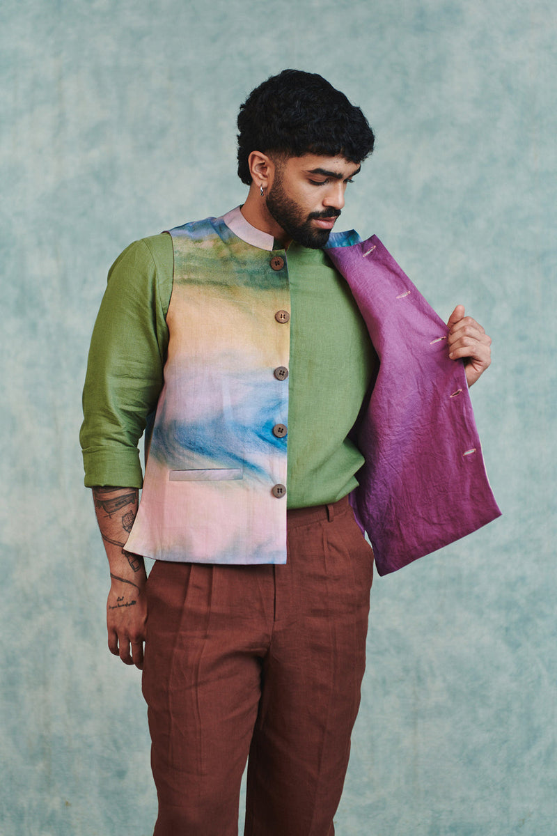 Prism Co-Linen Men's Nehru Jacket cotton linen jacket by Saphed Men in ombre for men in Singapore