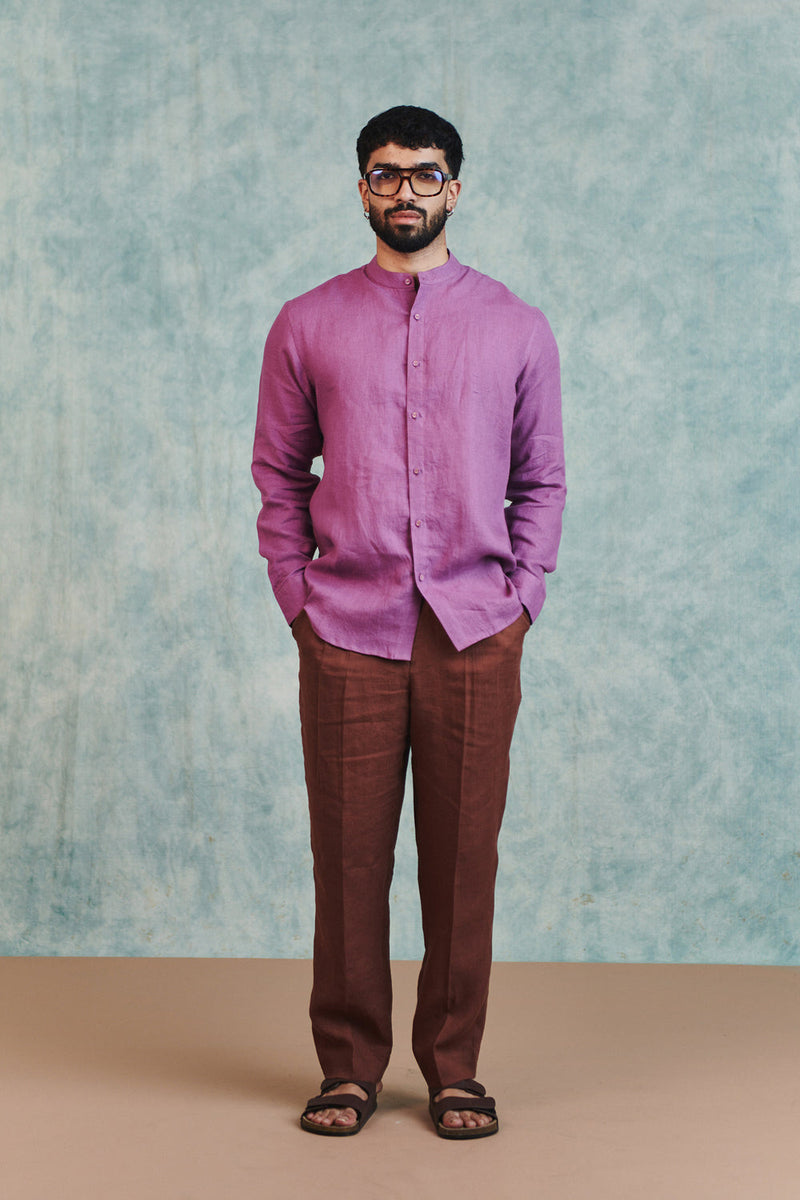 Berry Linen Men's Band Collar Shirt linen shirt by Saphed Men in lilac for men in Singapore
