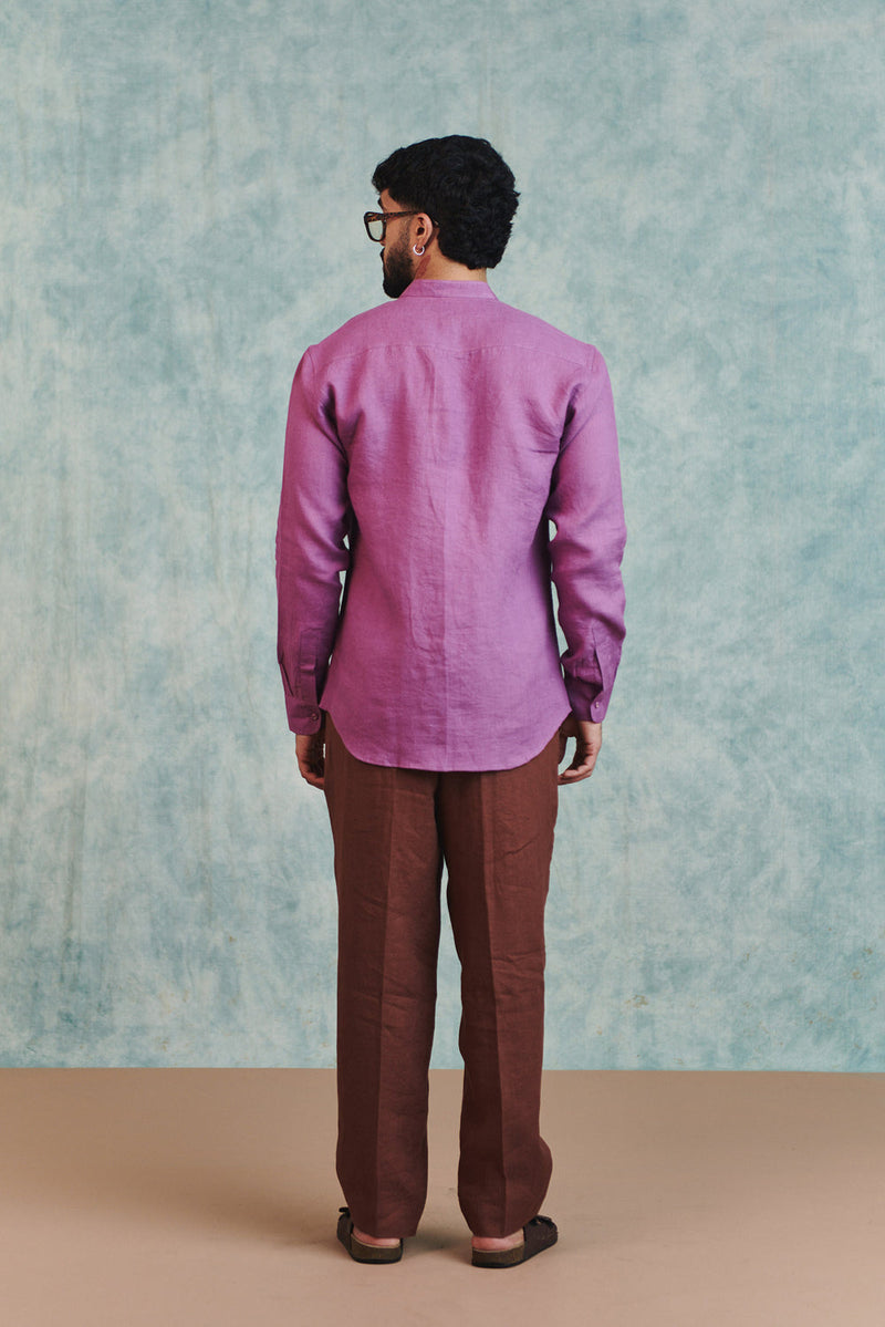 Berry Linen Men's Band Collar Shirt linen shirt by Saphed Men in lilac for men in Singapore