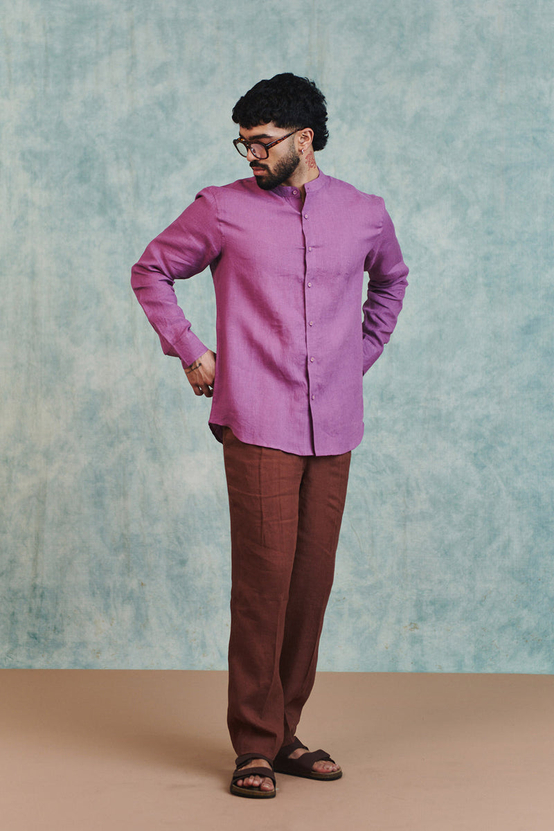 Berry Linen Men's Band Collar Shirt linen shirt by Saphed Men in lilac for men in Singapore