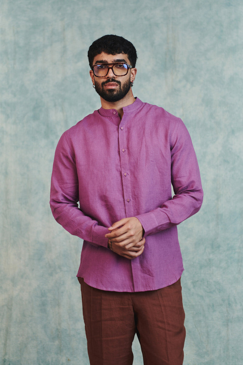 Berry Linen Men's Band Collar Shirt linen shirt by Saphed Men in lilac for men in Singapore