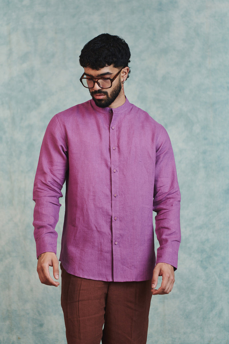 Berry Linen Men's Band Collar Shirt linen shirt by Saphed Men in lilac for men in Singapore