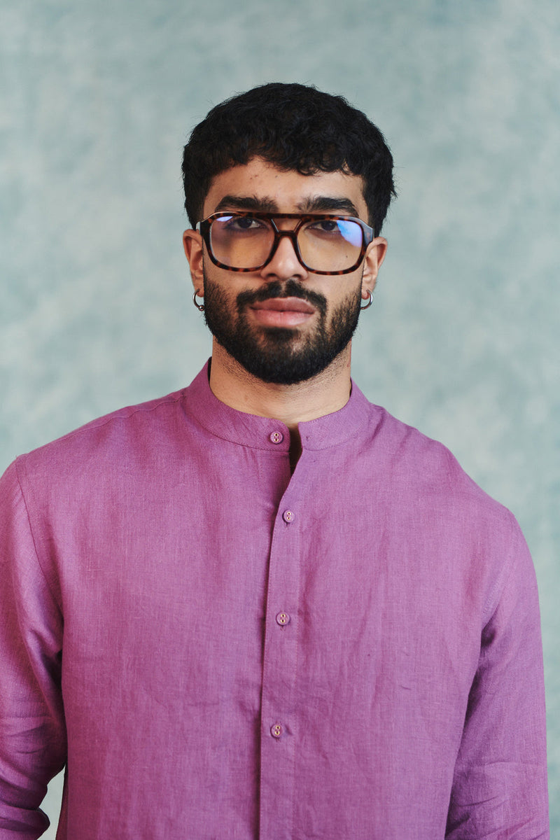 Berry Linen Men's Band Collar Shirt linen shirt by Saphed Men in lilac for men in Singapore
