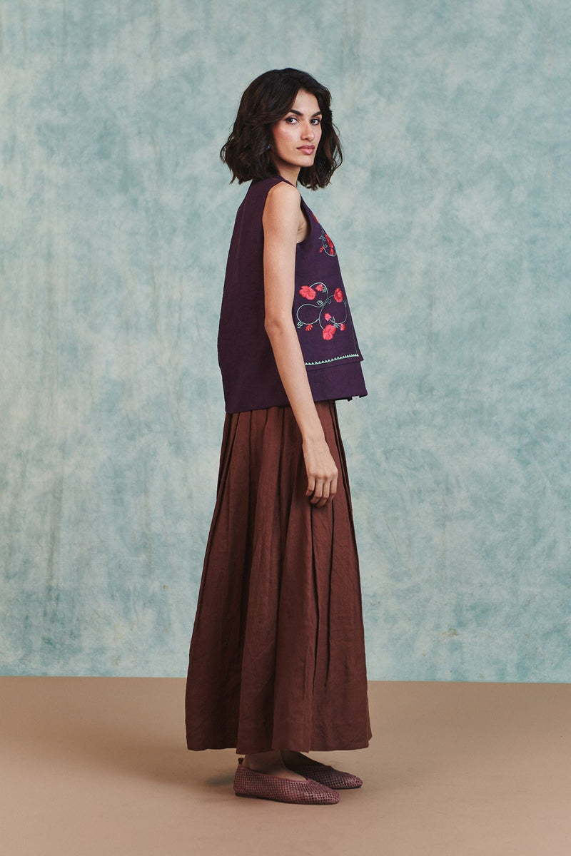 Chocolate Linen Multi-Pleated Pants 100% pure linen pant/trouser by Saphed in brown for women in Singapore