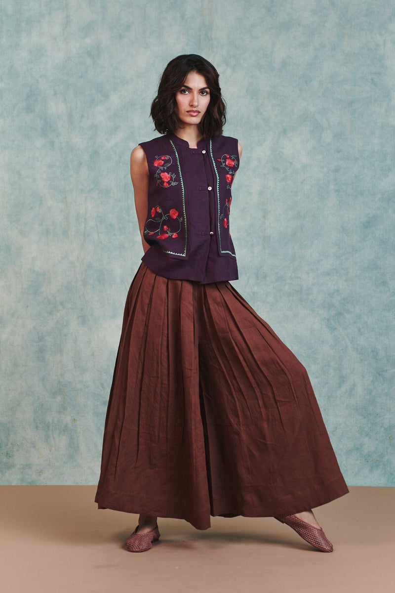 Chocolate Linen Multi-Pleated Pants 100% pure linen pant/trouser by Saphed in brown for women in Singapore