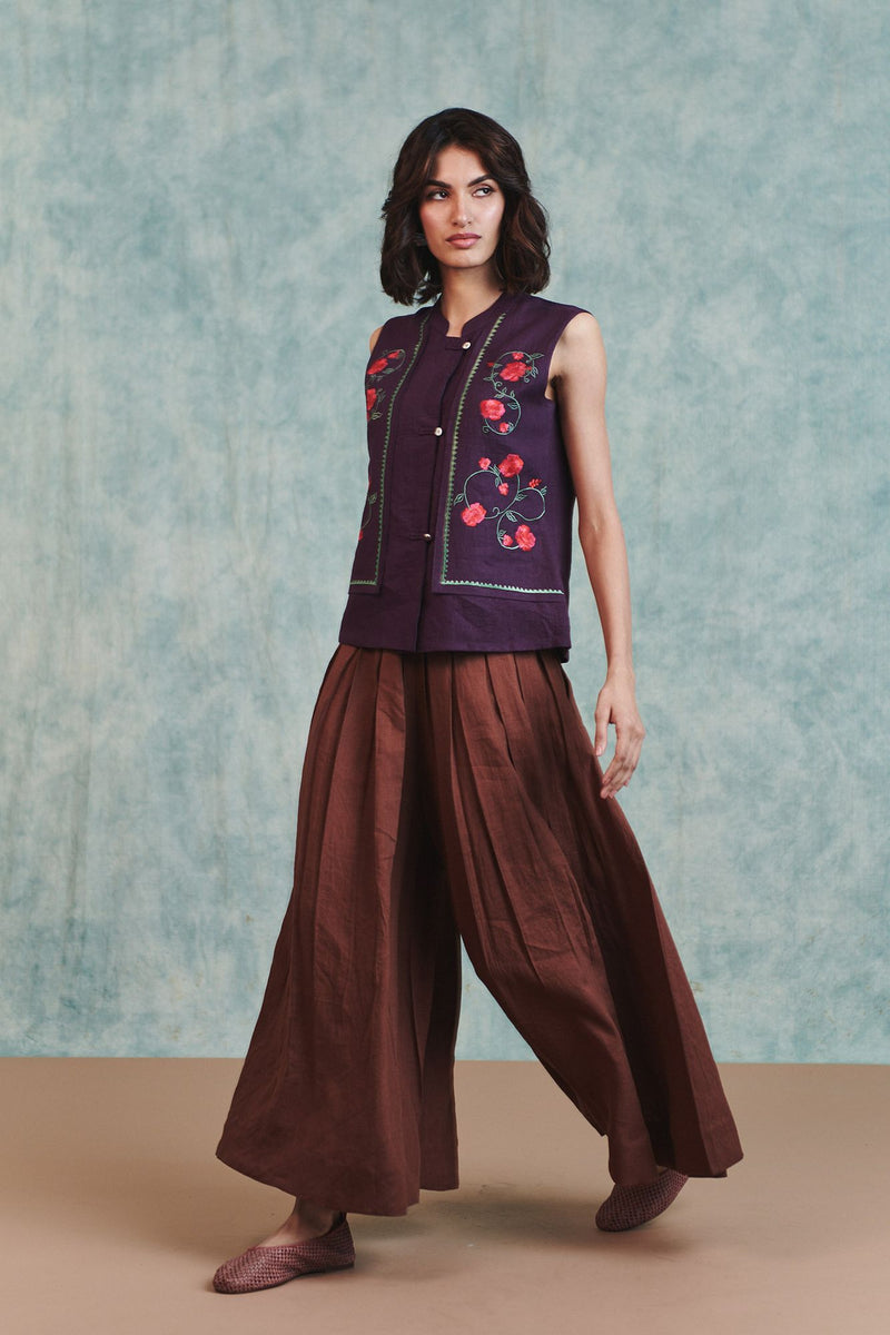 Chocolate Linen Multi-Pleated Pants 100% pure linen pant/trouser by Saphed in brown for women in Singapore