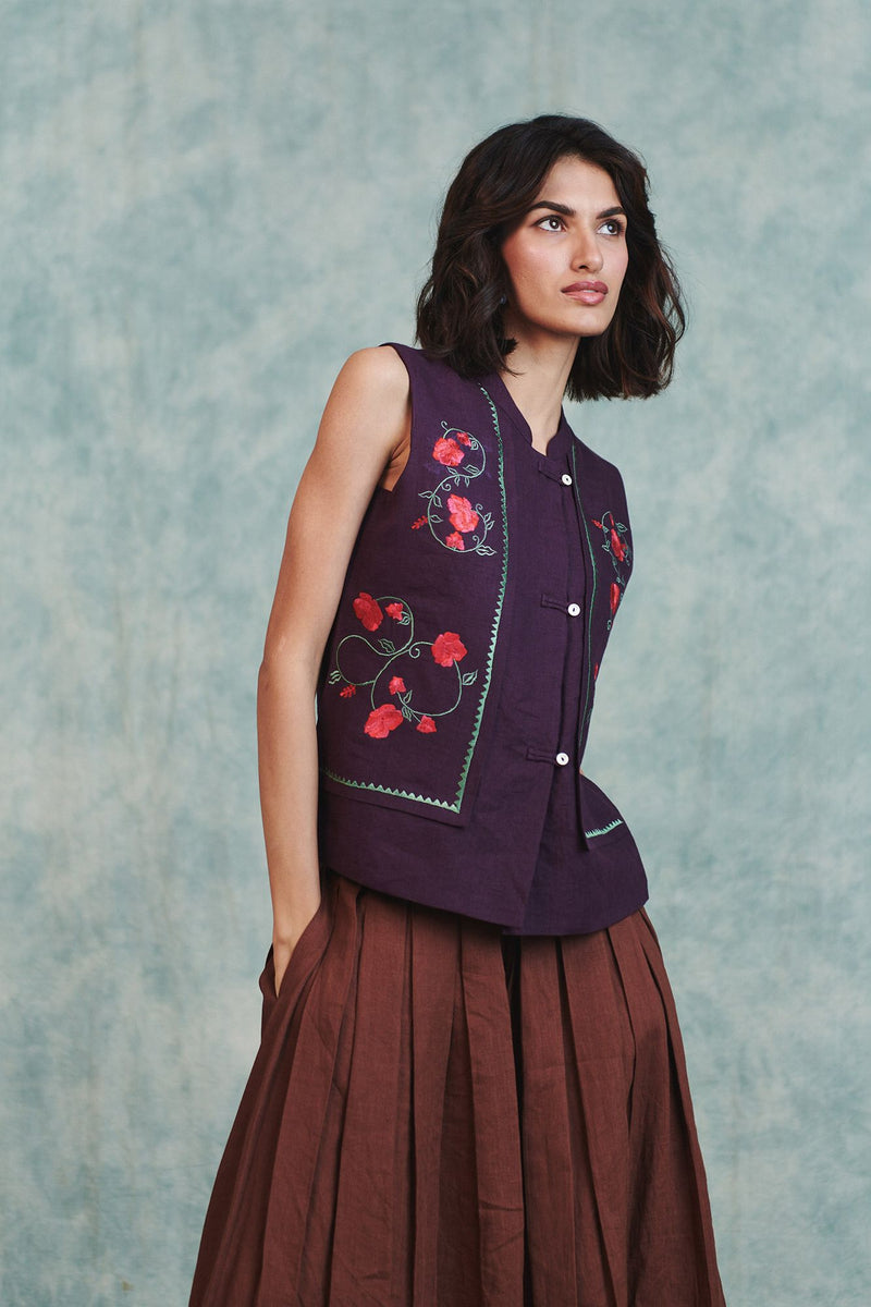 Plum Linen Embroidered Double Panel Waistcoat 100% pure linen jacket/overlay by Saphed in plum for women in Singapore