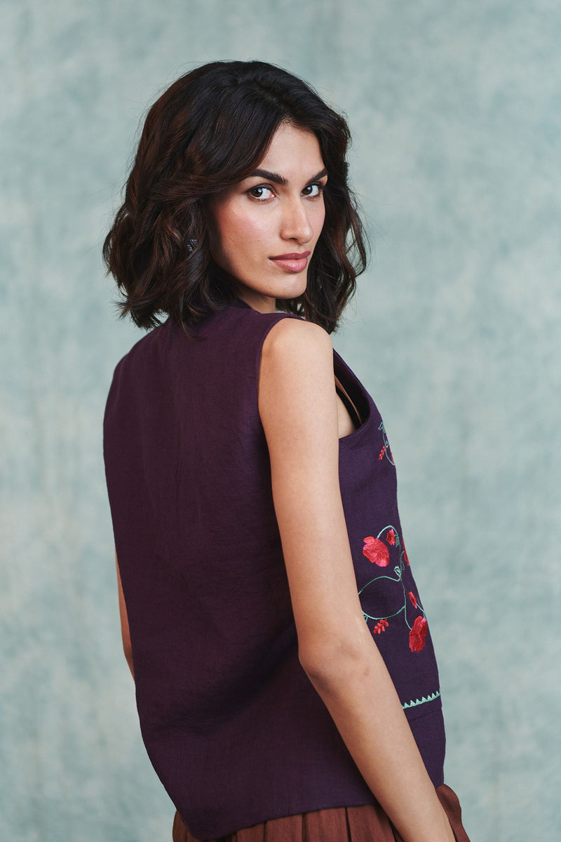 Plum Linen Embroidered Double Panel Waistcoat 100% pure linen jacket/overlay by Saphed in plum for women in Singapore