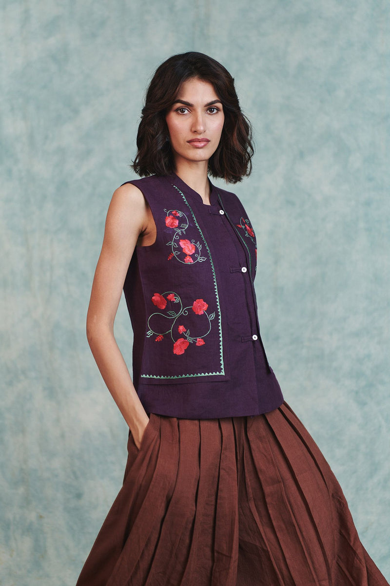 Plum Linen Embroidered Double Panel Waistcoat 100% pure linen jacket/overlay by Saphed in plum for women in Singapore