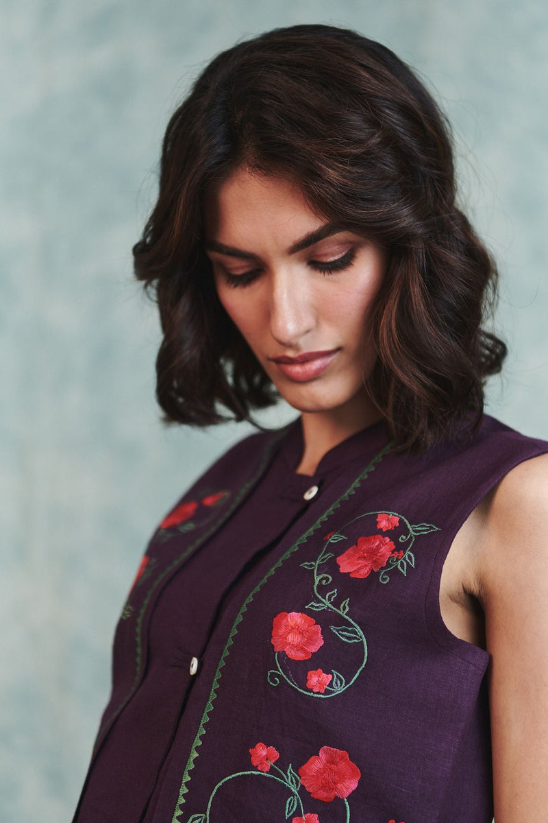 Plum Linen Embroidered Double Panel Waistcoat 100% pure linen jacket/overlay by Saphed in plum for women in Singapore