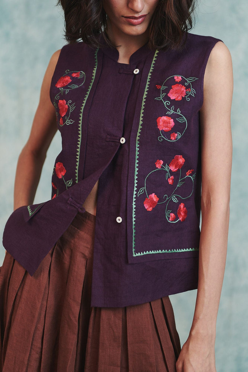 Plum Linen Embroidered Double Panel Waistcoat 100% pure linen jacket/overlay by Saphed in plum for women in Singapore