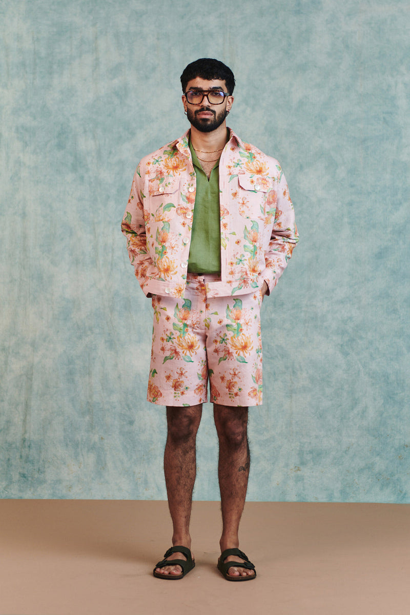 Flora Co-Linen Men's Trucker Jacket Set cotton linen co-ord set by Saphed Men in light pink for men in Singapore
