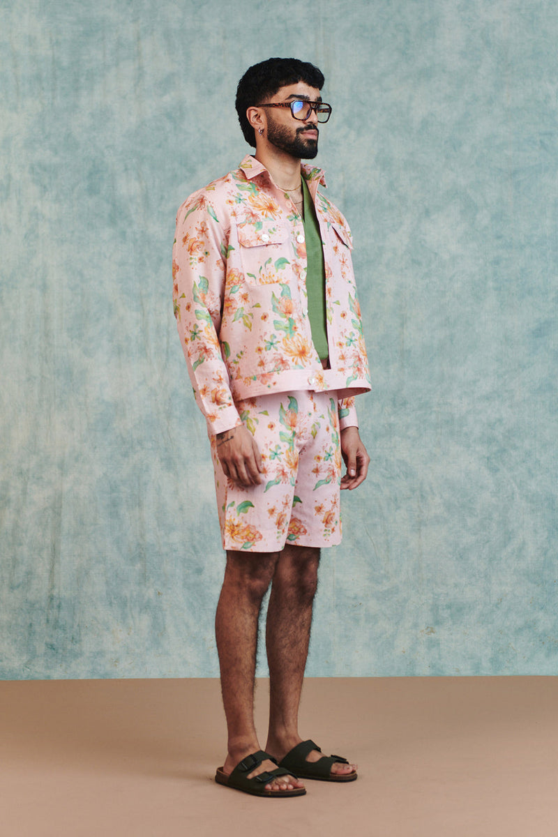 Flora Co-Linen Men's Trucker Jacket Set cotton linen co-ord set by Saphed Men in light pink for men in Singapore