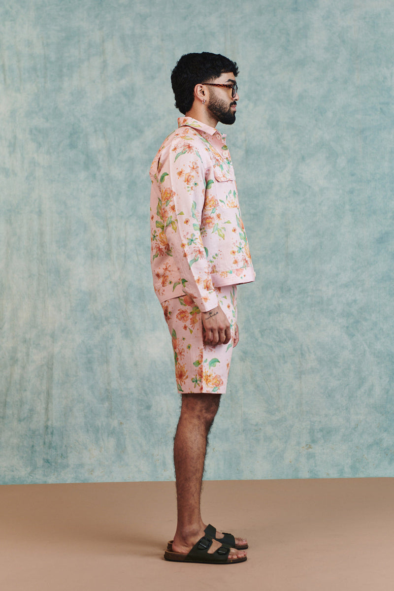 Flora Co-Linen Men's Trucker Jacket Set cotton linen co-ord set by Saphed Men in light pink for men in Singapore