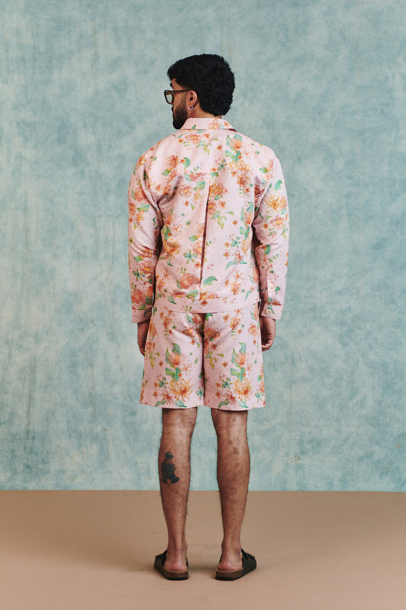 Flora Co-Linen Men's Trucker Jacket Set cotton linen co-ord set by Saphed Men in light pink for men in Singapore