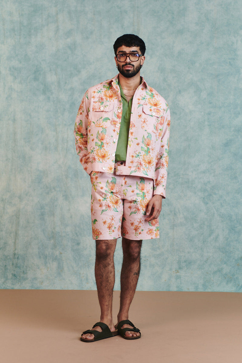 Flora Co-Linen Men's Trucker Jacket Set cotton linen co-ord set by Saphed Men in light pink for men in Singapore