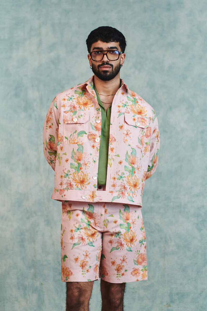Flora Co-Linen Men's Trucker Jacket cotton linen jacket by Saphed Men in light pink for men in Singapore