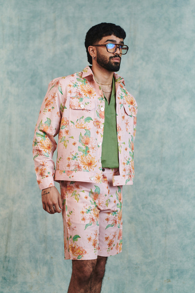 Flora Co-Linen Men's Trucker Jacket cotton linen jacket by Saphed Men in light pink for men in Singapore